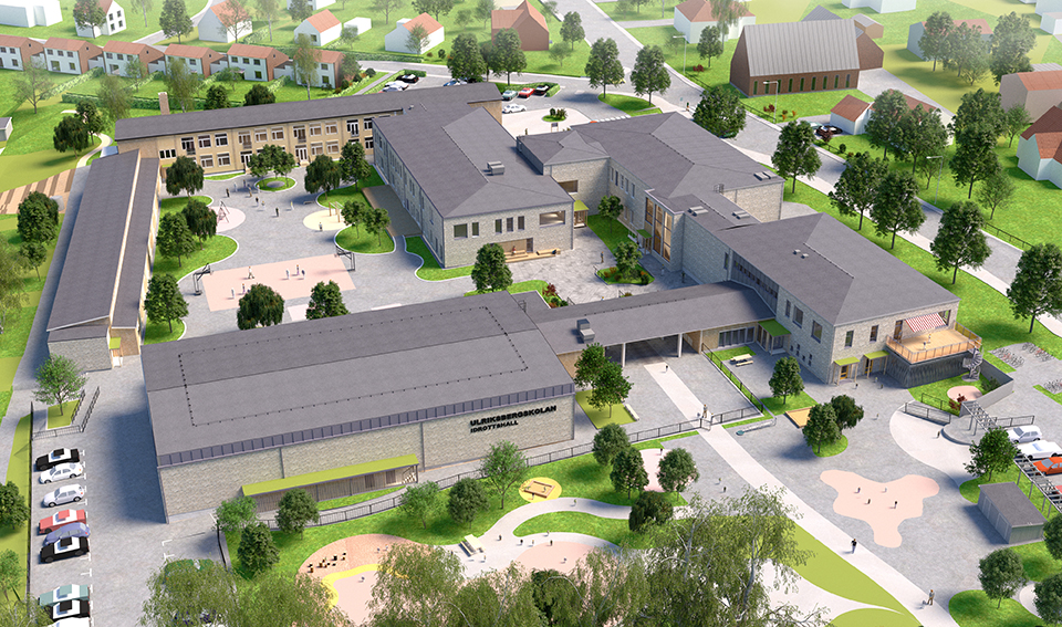 Ulriksbergskolan efter om- och nybyggnation. Översiktsbild med flera huskroppar i tegel, skolgård och växtlighet.