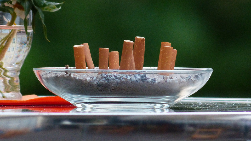 Cigarettfimpar i en askkopp. Foto.
